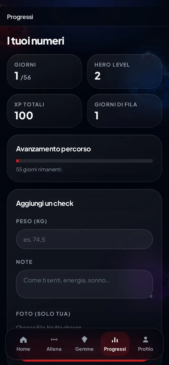 Schermata dell'app Protocollo Hero — Progressi