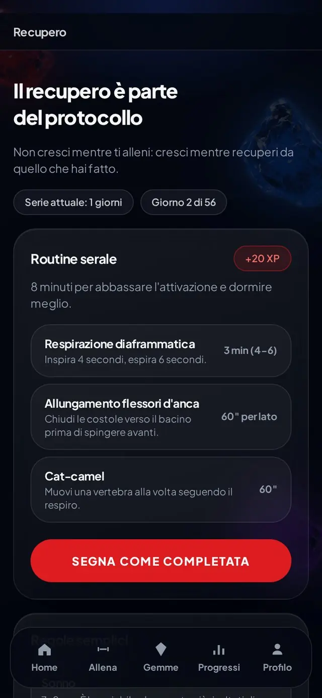 Schermata dell'app Protocollo Hero — Recupero