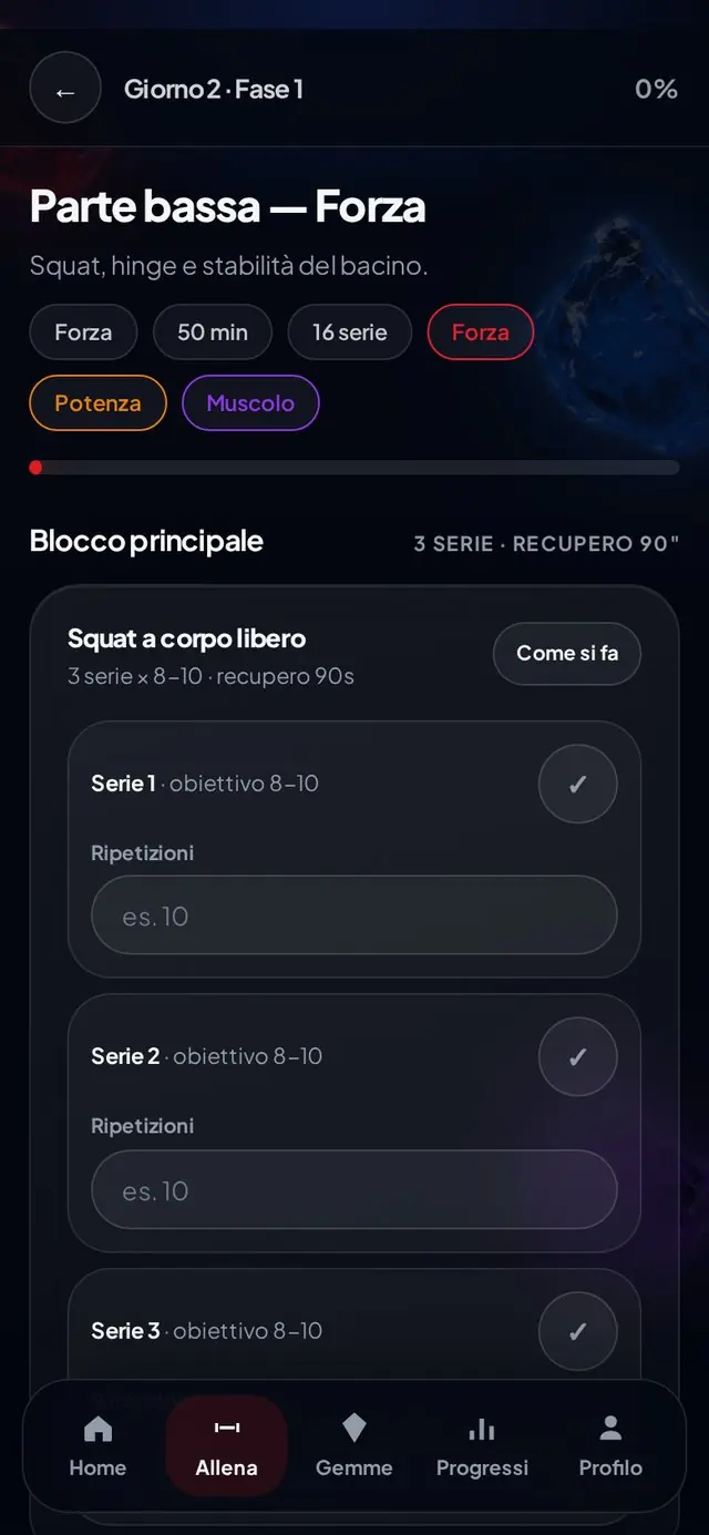 Schermata dell'app Protocollo Hero — Sessione