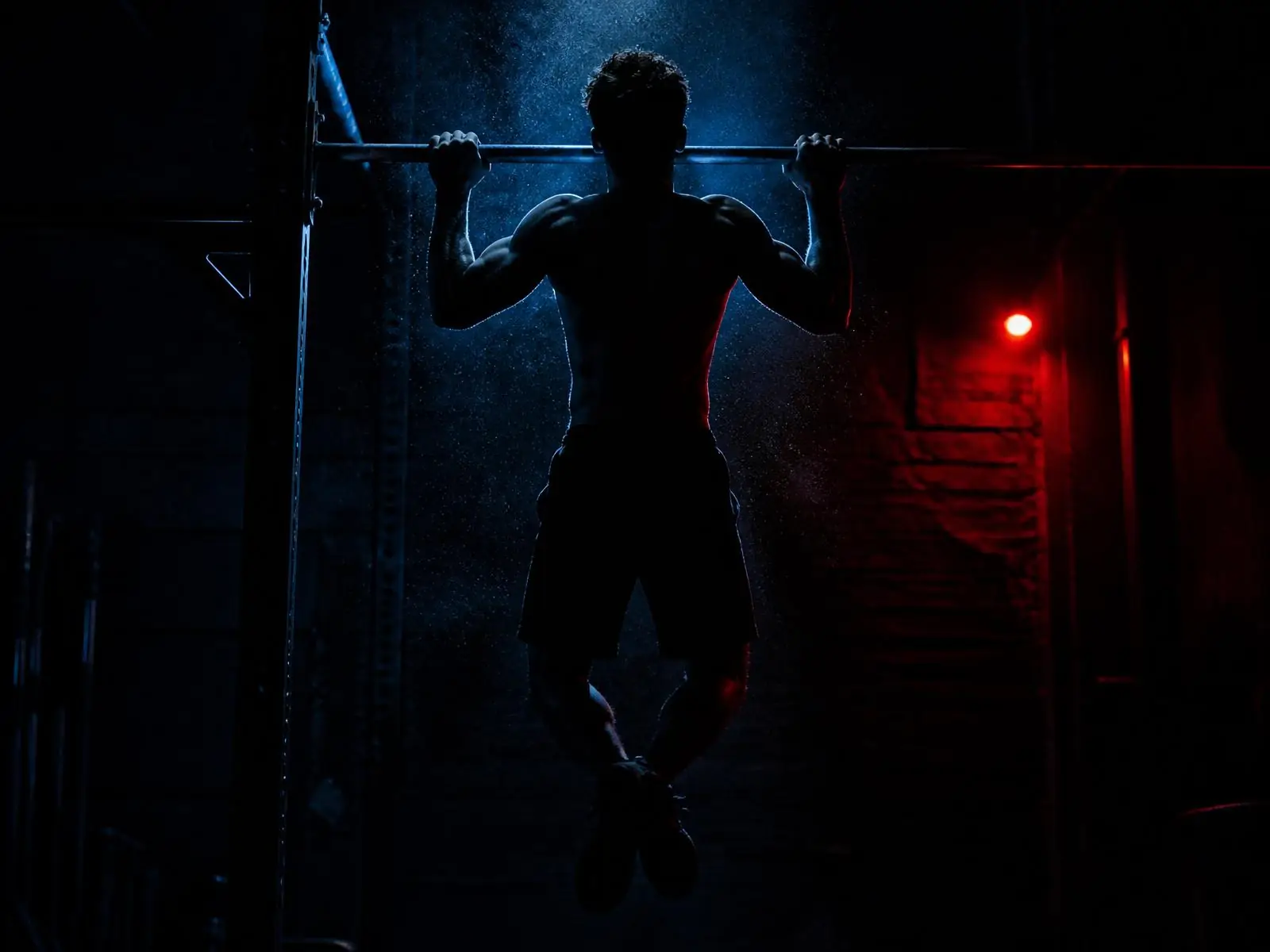 Atleta durante una trazione in una palestra industriale in penombra